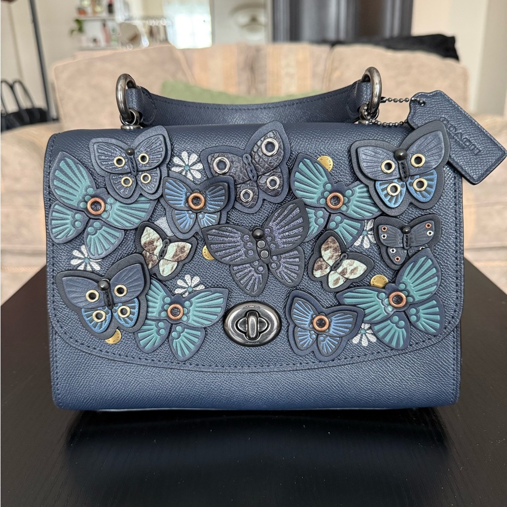 Coach Tilly Top Handle Blue Butterfly Shoulder Bag with Metallic Embellishments